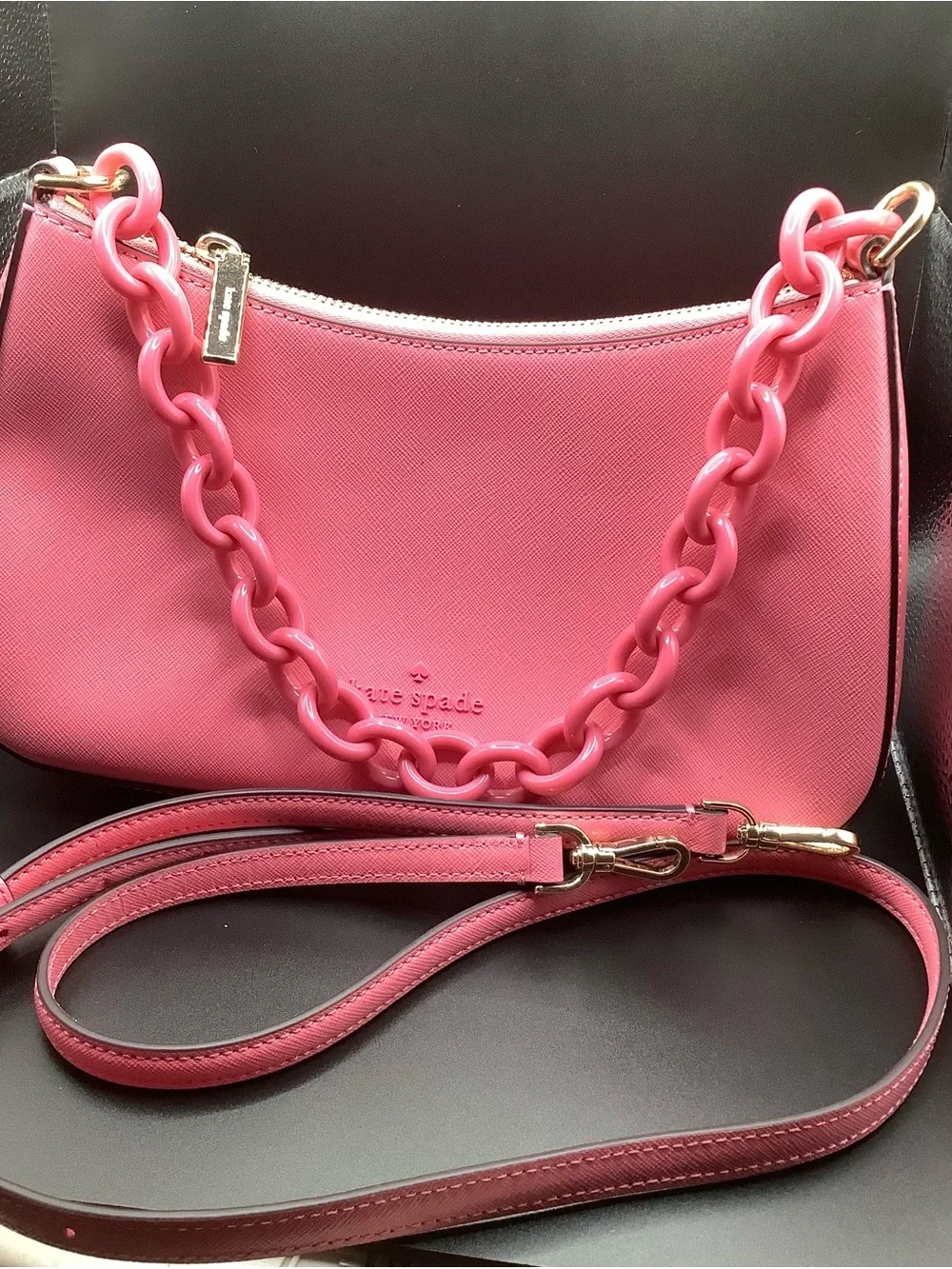 kate spade Hot Pink Logo Slide Sandals Size7.5 With Matching Chain-Shoulder Bag